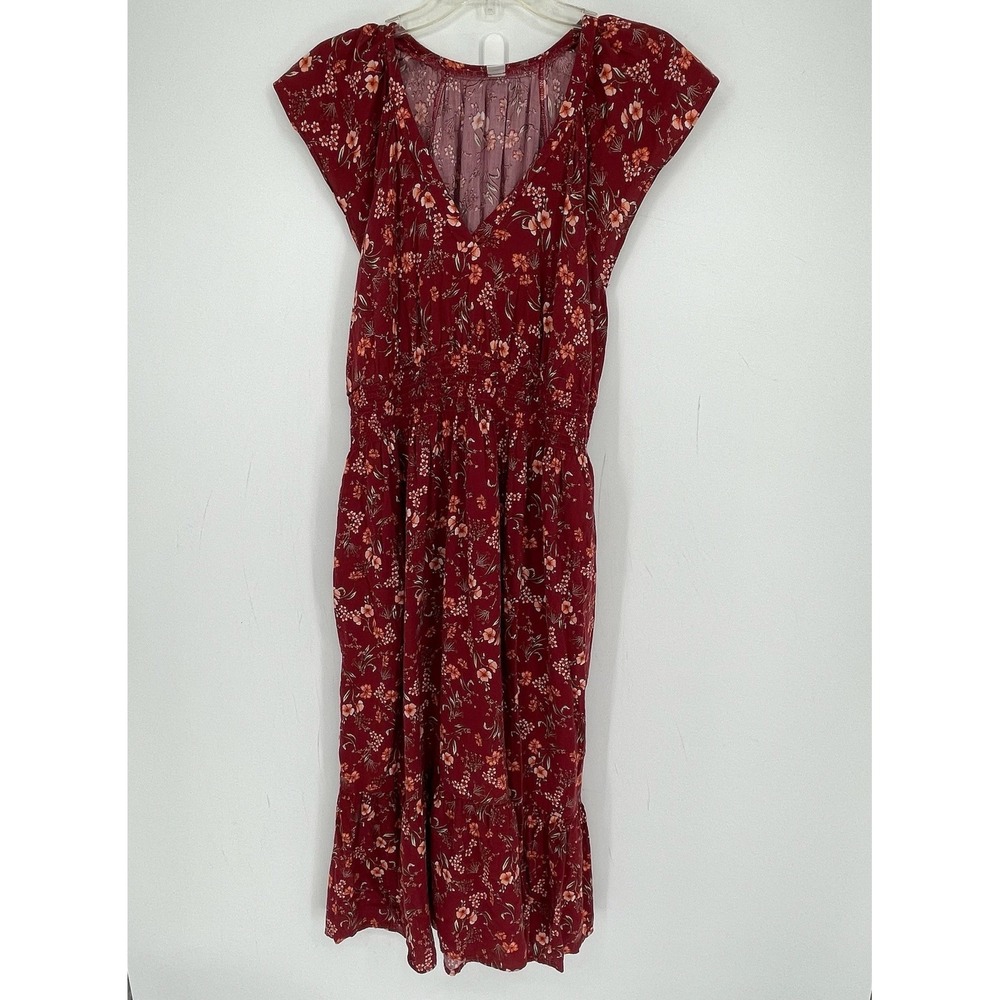 Old Navy Women's Red Floral Waist-Defined Flutter Smocked Midi Dress Size L